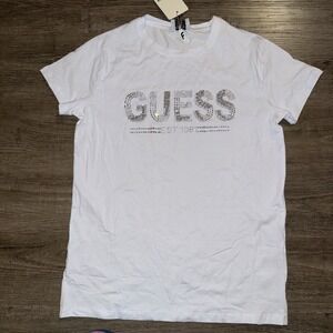 NWT Guess Rhinestone Logo T-shirt White Y2K Medium 18" Armpit To Armpit